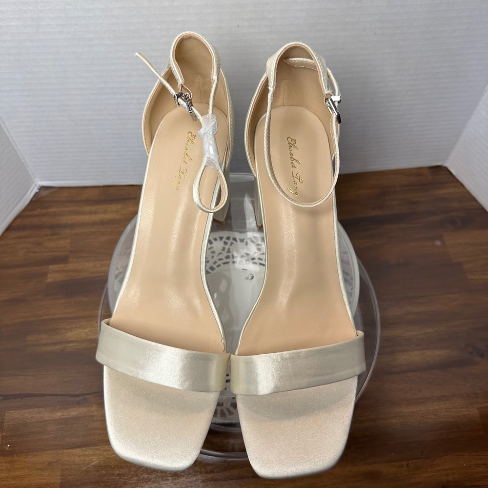 Elisabet Tang Champagne Satin Block Heel Sandals Square Toe Ankle‎ Strap Womens